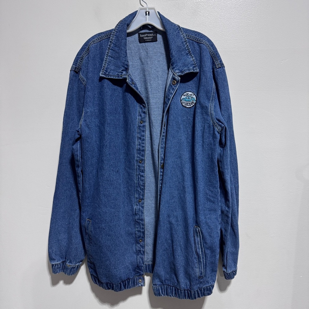 boohooMAN Denim Shirt Jacket Mens Size L Blue‎ Solid Car Patch Snap Front